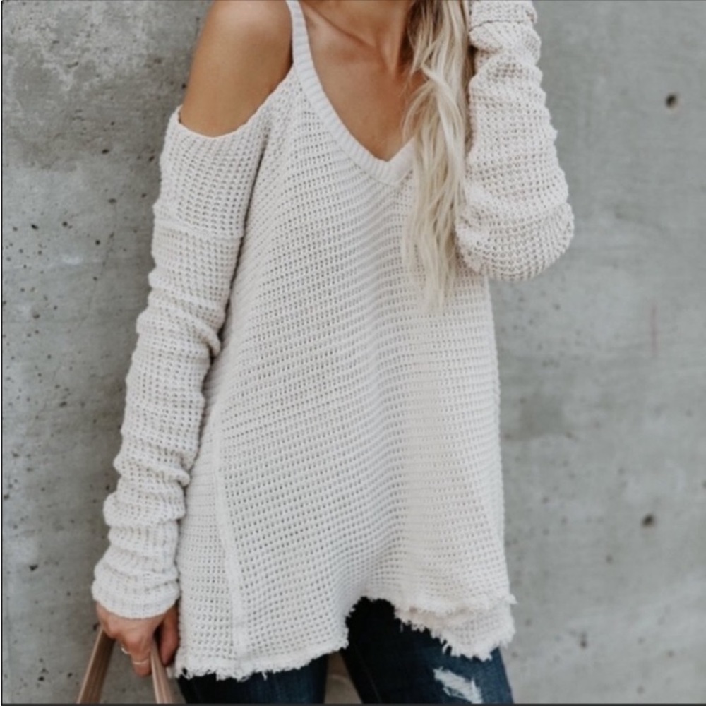Vici Beige Cold Shoulder Sweater